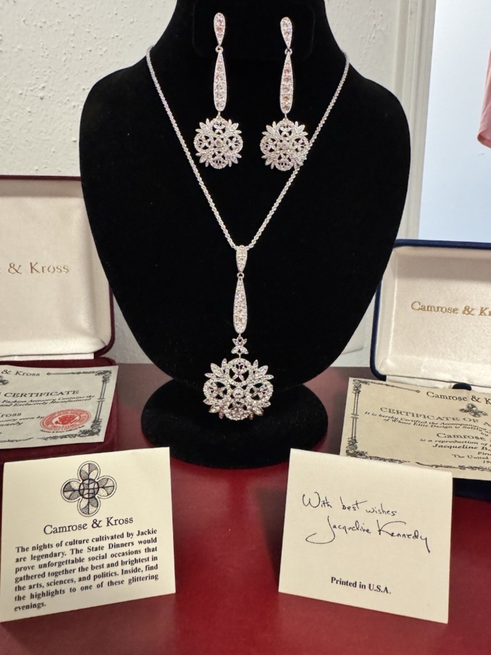 Camrose & Kross Crystal Pendant Necklace & Earrings Set, Silver Tone NIB COA